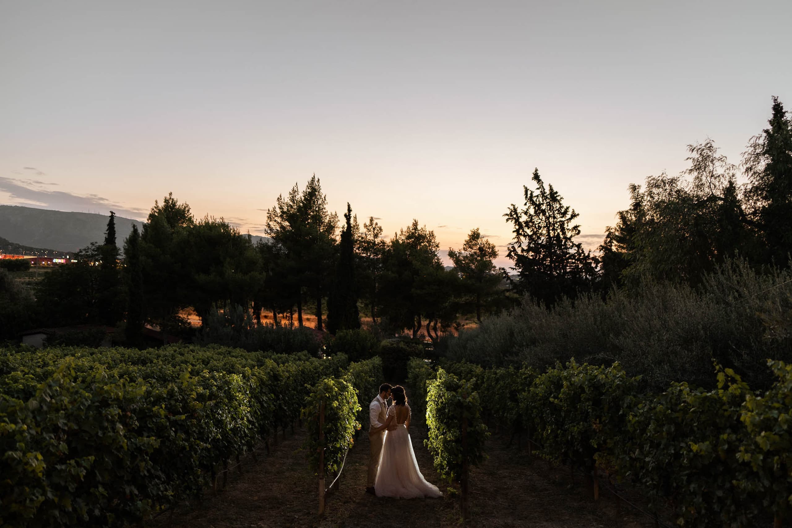 Wedding couple posing at the vineyard of their wedding venue in Athens, Greece.