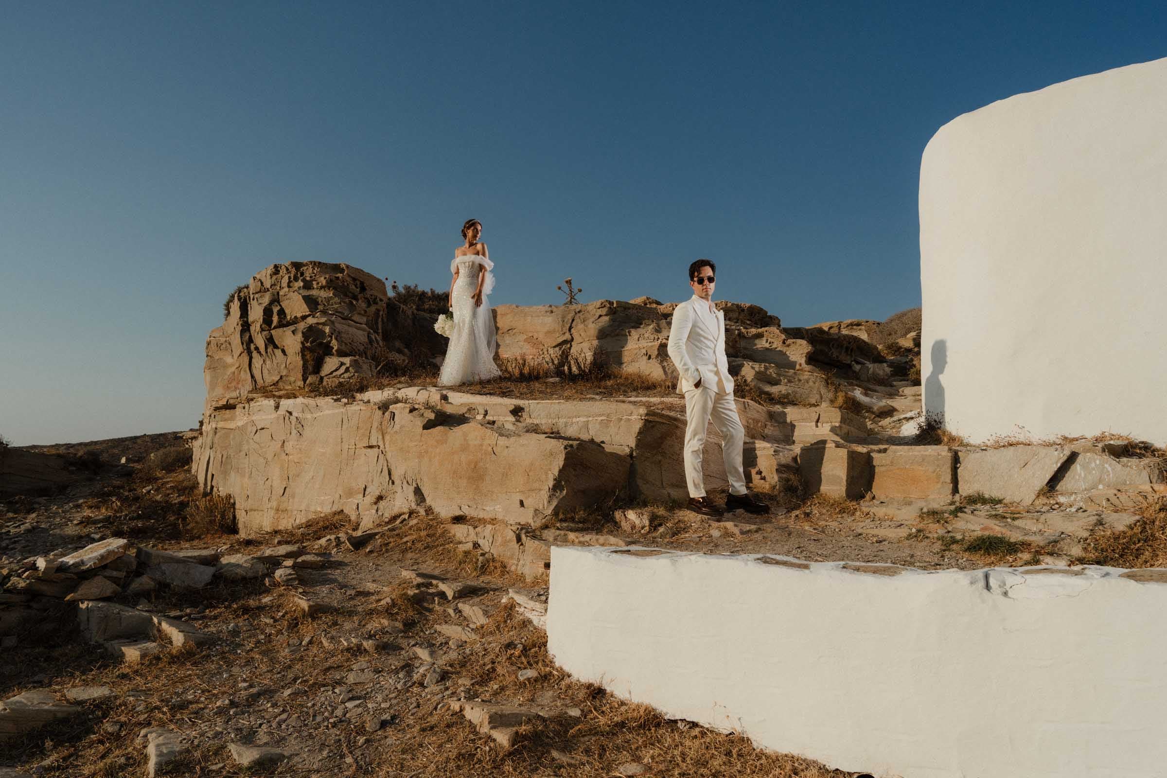 Wedding couple possing after their wedding ceremony in Paros island, Greece.